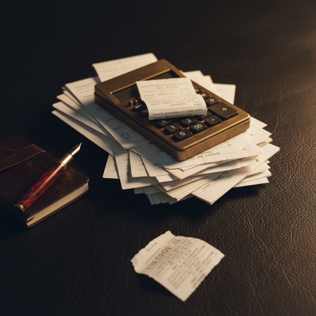Editorial thumbnail — calculator and paper invoices under warm gold light, representing the real cost of a custom Shopify store.