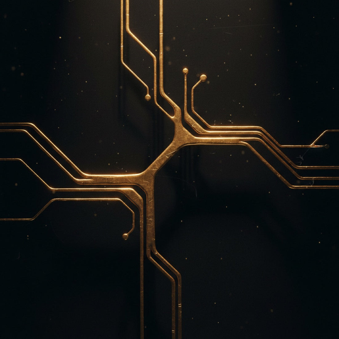Editorial thumbnail — abstract network of gold ribbons branching across dark surface, representing email automation flows.