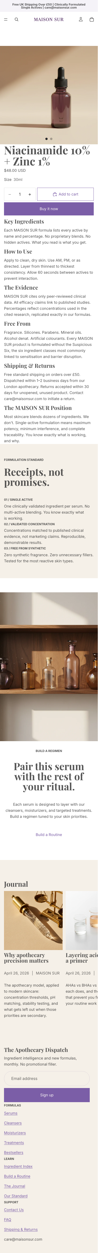 MAISON SUR mobile niacinamide product page