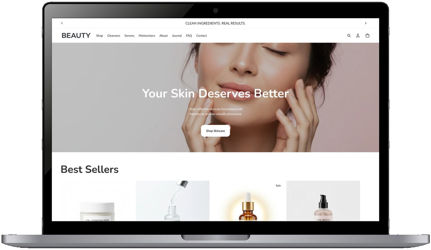Beauty & Skincare pre-built Shopify store — laptop mockup