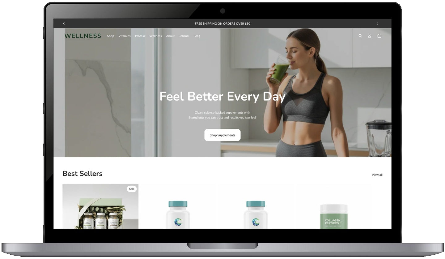 Health & Wellness pre-built Shopify store — laptop mockup