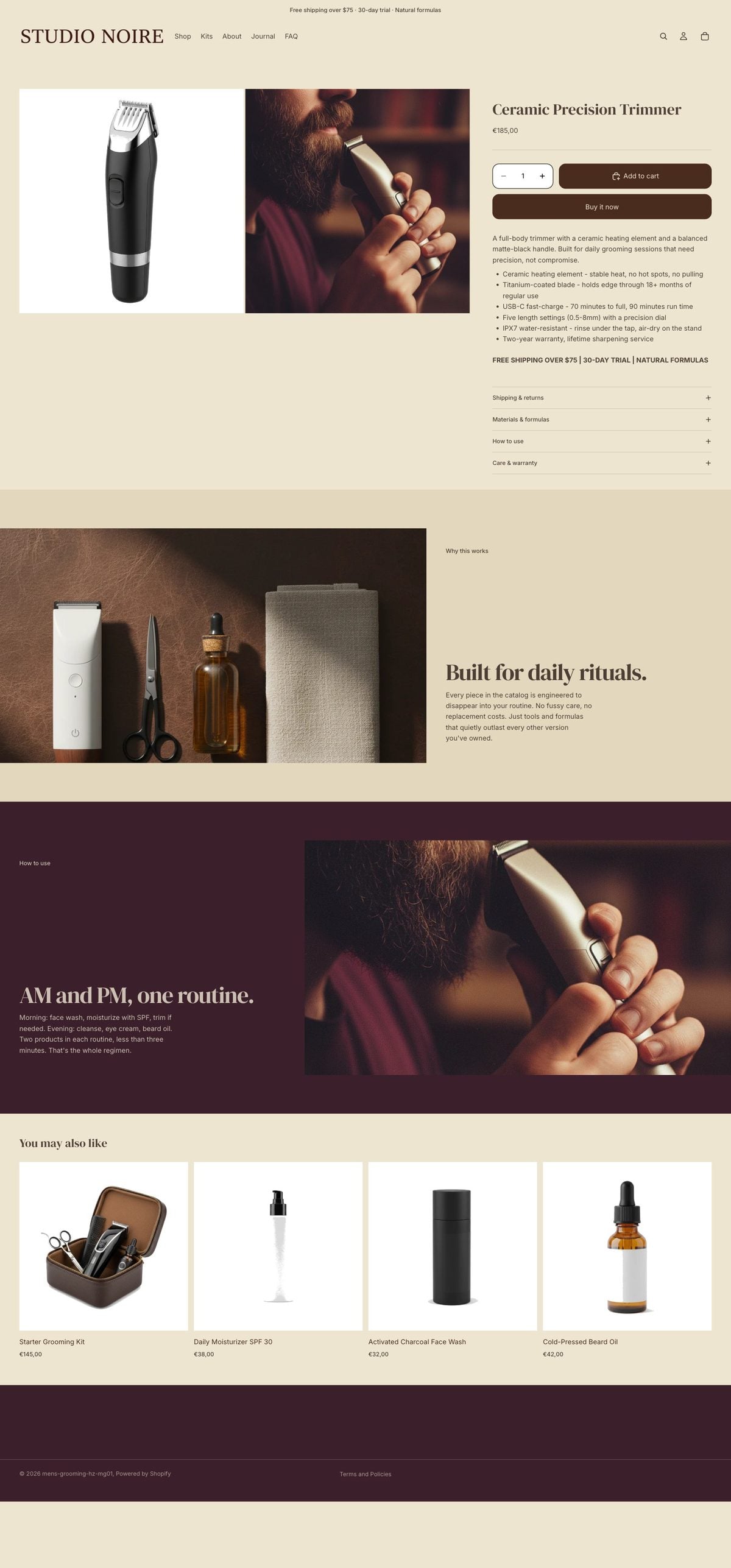Studio Noire product page - gallery, buy box, 4 collapsible info rows, editorial, cross-sell