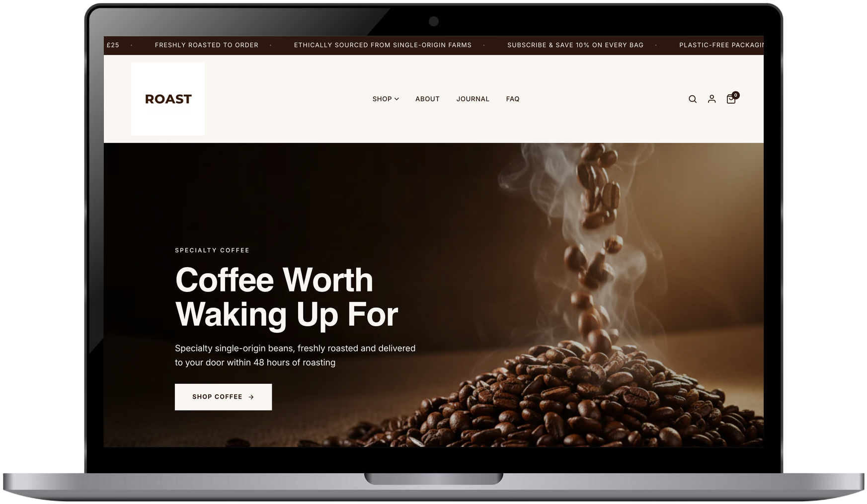 ROAST coffee store - laptop mockup with full homepage (logo, hero, nav, announcement bar)